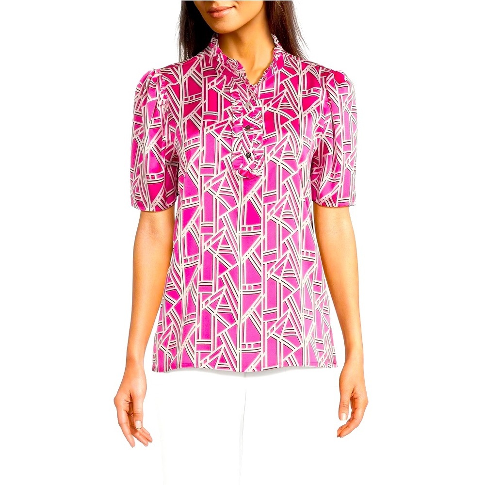 KARL LAGERFELD PARIS Printed Ruffle Mock Neckline Short Sleeve Blouse Sz Med EUC